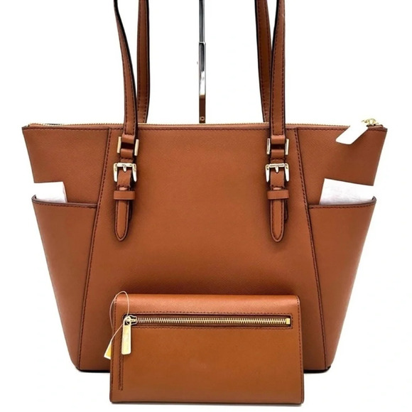 Michael Kors Large Charlotte Tote Bag & Large Trifold Wallet Luggage Brown Set - Picture 7 of 15